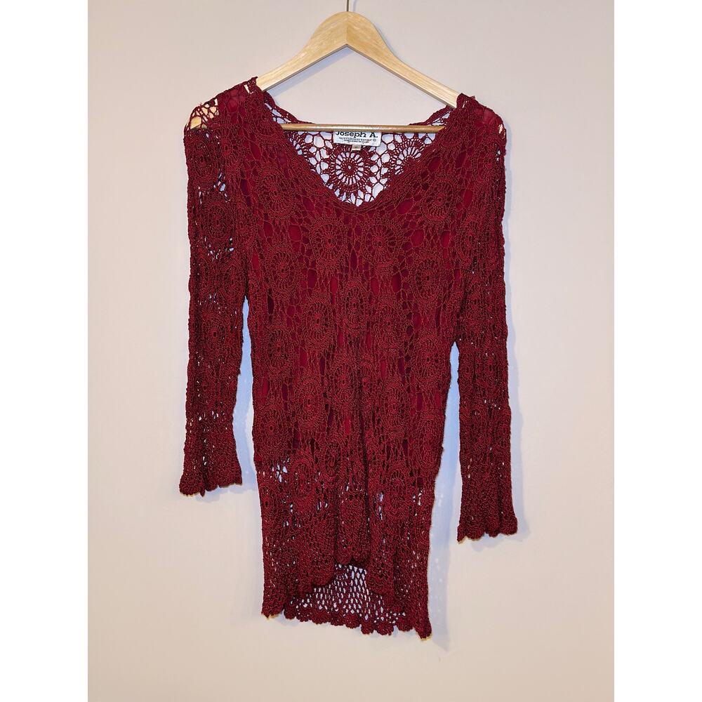 Joseph A. Size XL Red Crochet Pullover Woven Knit Fishnet Sweater Boho 90s Y2K